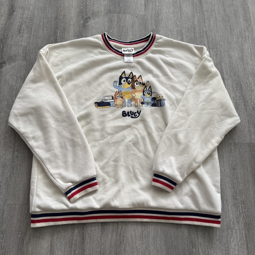 Bluey Sweater Mens 1XL White Crewneck Cartoon Family Pullover Red Trim TV Show